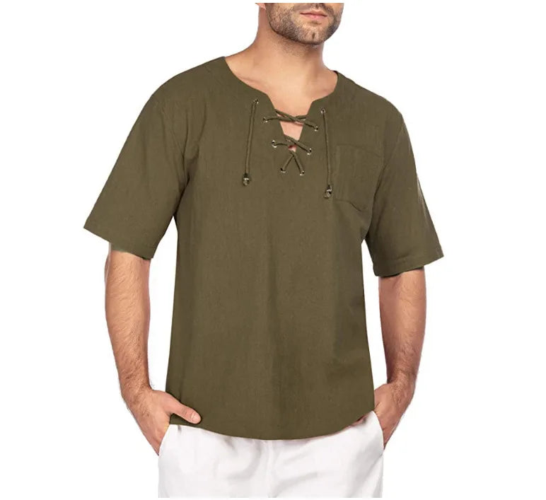 Plus Size Men's Tee Shirt Solid Tops Pullover V Neck Lace-up Loose Top Summer Holiday Beach Casual Half Sleeve Tops Linen Top