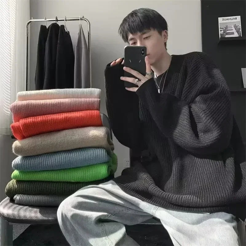 2026 Autumn Crew Neck Solid Color Pullover Sweaters For Men Casual Y2K Knitted Sweater High Street Fashion Jumpers Hombre