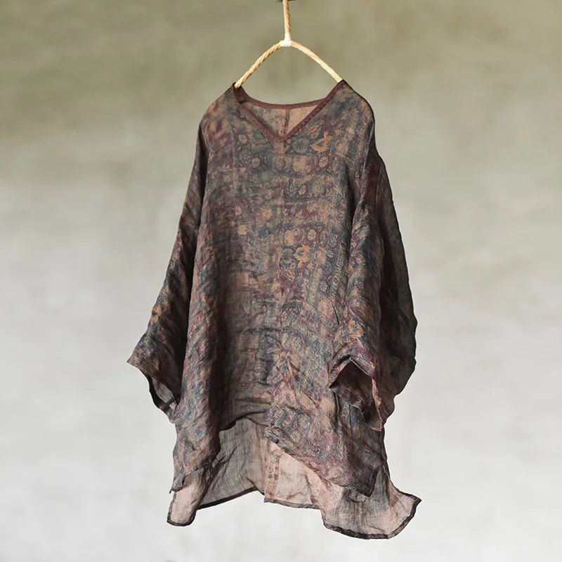 Oversized Women Casual Linen T-shirts New 2025 Summer Vintage Style V-neck Floral Print Loose Female Casual Tops Tees M739