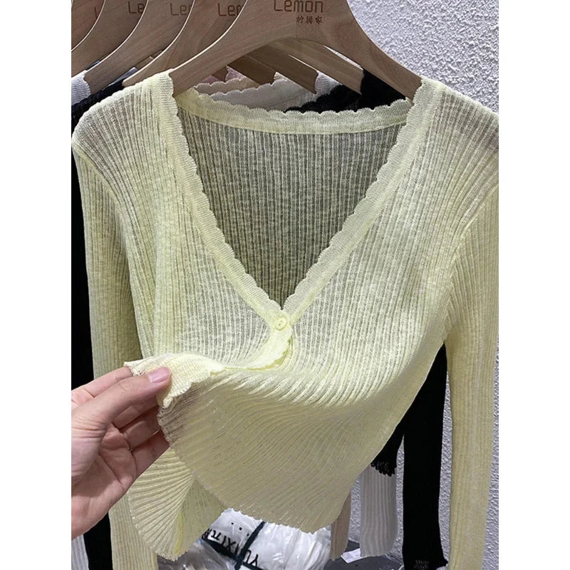 Short Ice Silk Knitted Sun Protection Cardigan Women's Thin Summer Autumn Suspender Skirt Layered Gauze Jacket