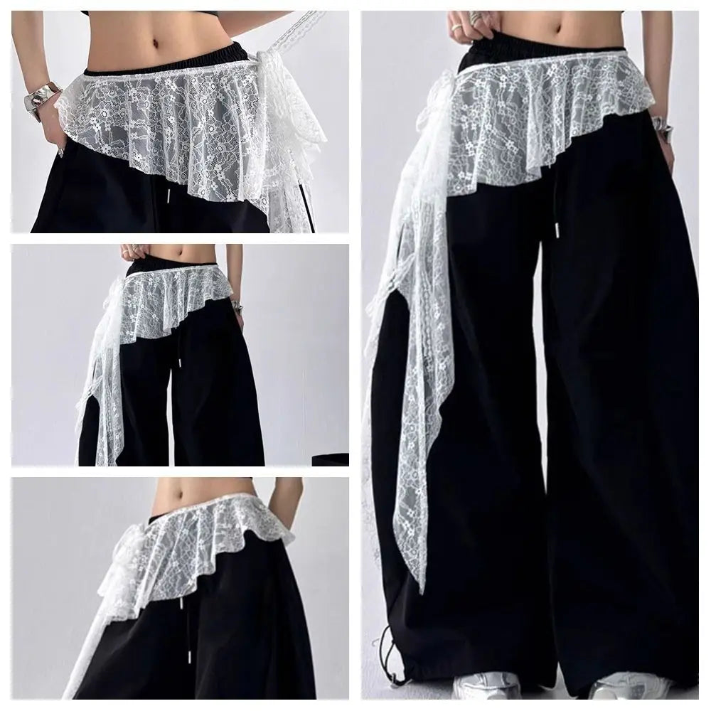 Embroidered Flower Lace Mini Skirt Irregular Y2K Streetwear Ruched Skirts See Through High Waist Lace Up Ruffles Skirt