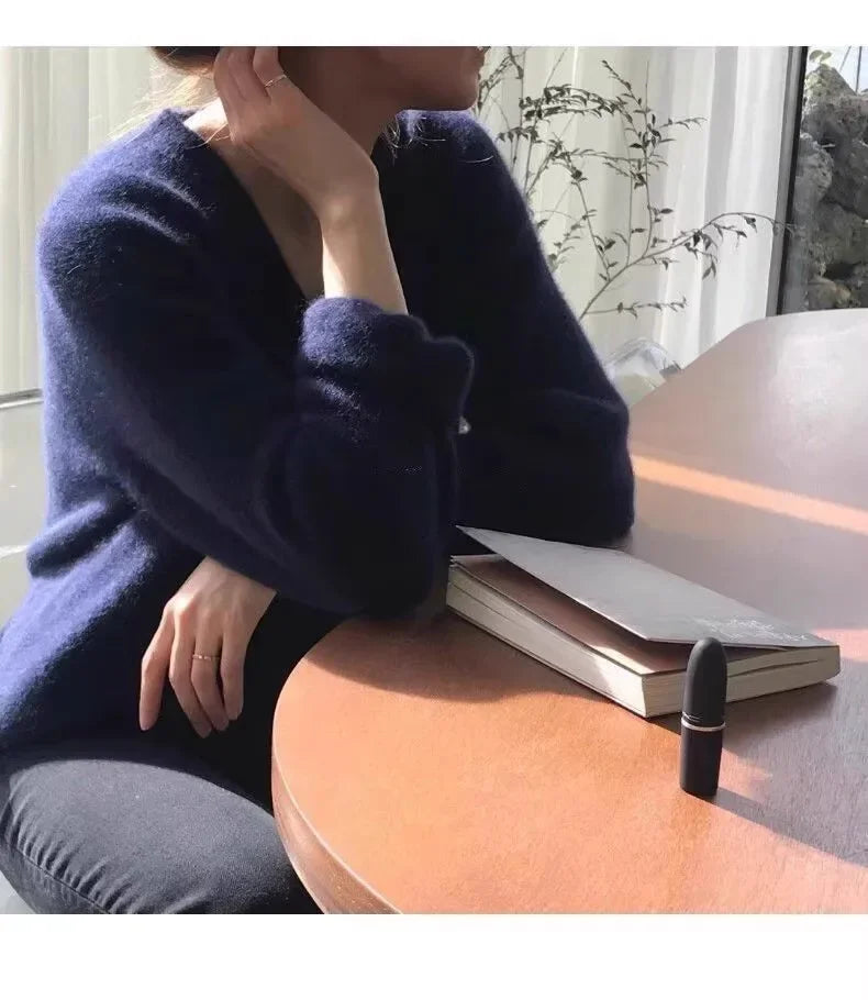 Women's Autumn Winter V-Neck Cashmere Sweater 100% Pure Mountain Thick Short Pullover Loose Knit Long Sleeve Bottoming Shirt