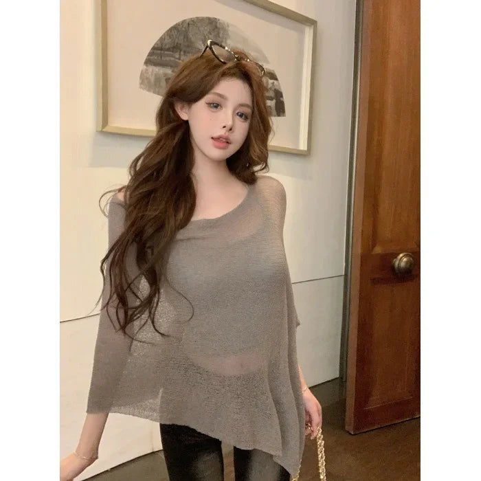 Cape Sleeve Off-Shoulder Knit Top Women, Summer UPF Sun Protective Shirt, Lightweight Chic & Versatile