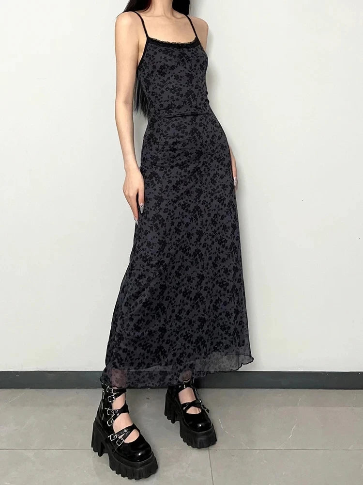 Vintage Grunge Printed Long Dress O Neck y2k Punk Black Sundress Lace Up Fairycore Gothic Aesthetic Outfits Korean Bohemian