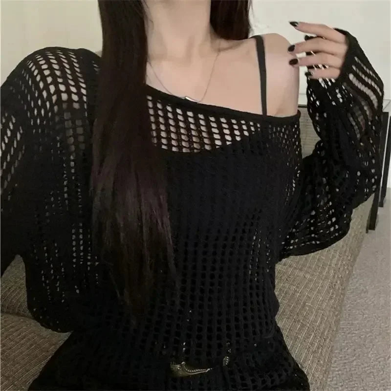 Y2K Hollow Out Crop Top Knitted Retro Long Sleeve T Shirt Women Summer Sun Protection Breathable Cardigans Patched Tee