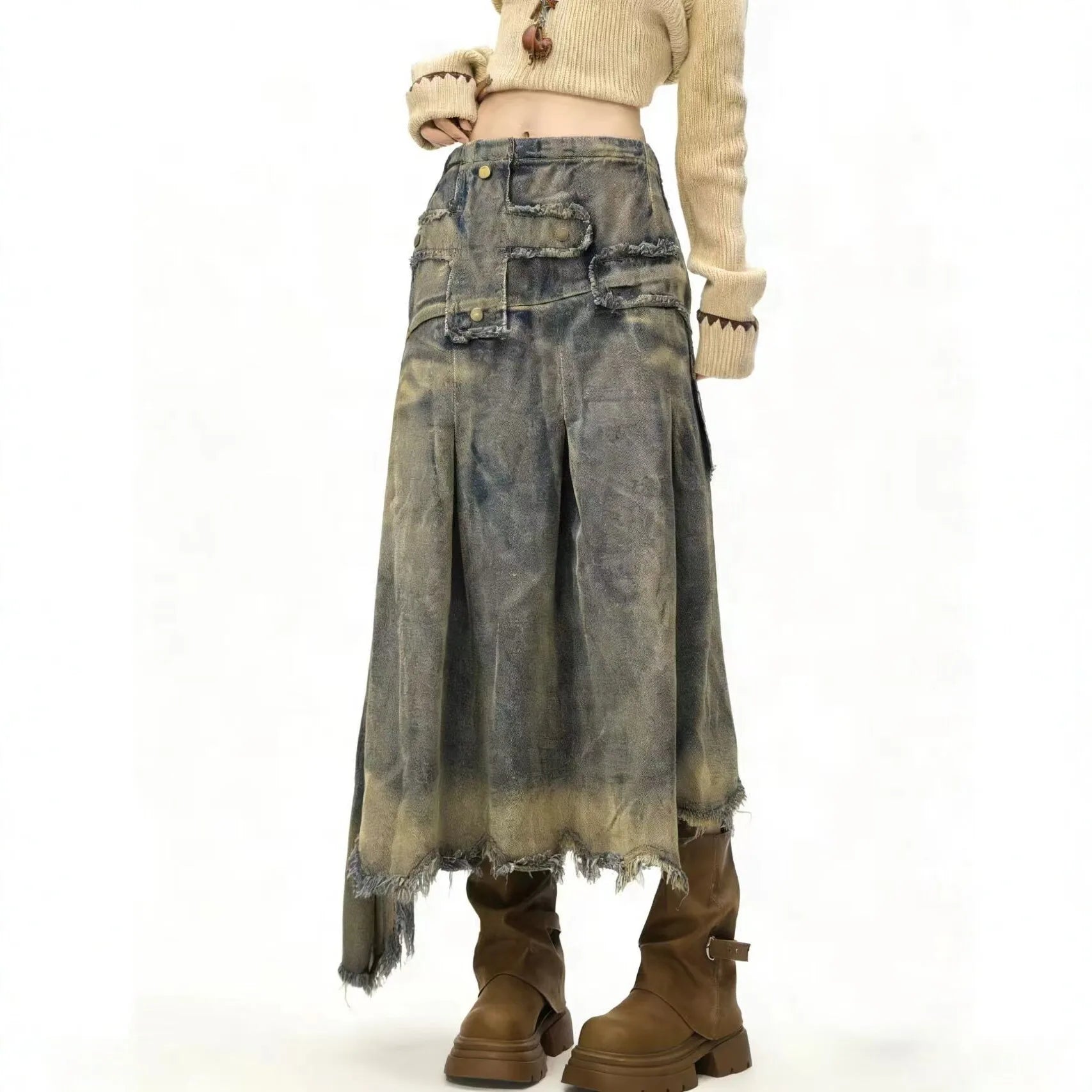 Retro Old Rough Edge Denim Skirt Women's 2026 New A-shaped Skirt Irregular Design