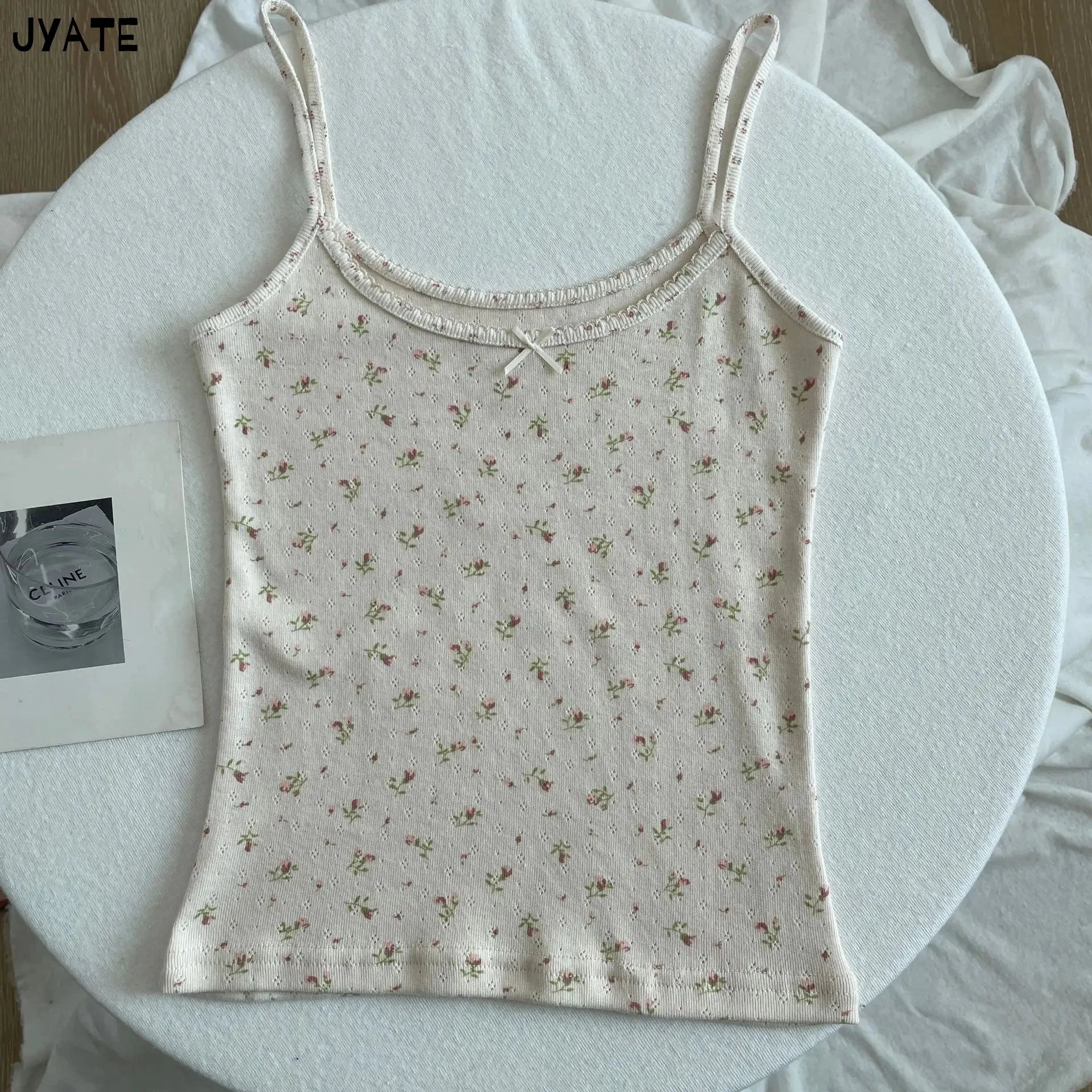 Sweet Floral Print Eyelet Bow Cropped Vests Women Cotton Casual Slim Lace Trim Tank Tops Vintage Preppy Style Cute Camisole Y2K