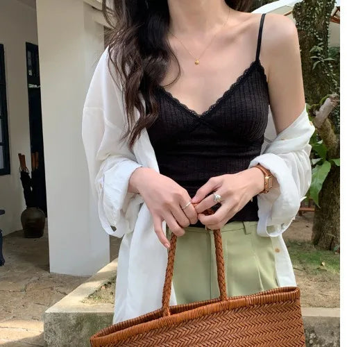 New Pure Desire Women's Lace Trim Tank Top Sensual Slimming Sexy Girl with Chest Pad Outerwear White Inner Match Base shirt