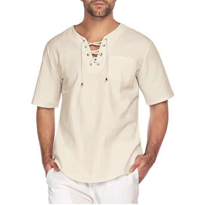 Plus Size Men's Tee Shirt Solid Tops Pullover V Neck Lace-up Loose Top Summer Holiday Beach Casual Half Sleeve Tops Linen Top
