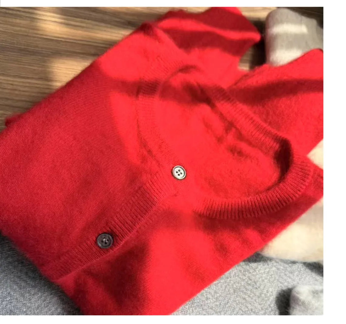 100% Pure Mink Cashmere sweater coat women's round-neck cardigan autumn and winter soft loose wool knitted foreign style top