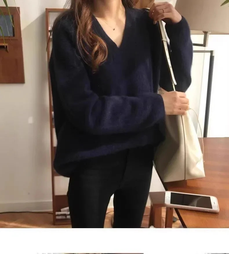 Women's Autumn Winter V-Neck Cashmere Sweater 100% Pure Mountain Thick Short Pullover Loose Knit Long Sleeve Bottoming Shirt