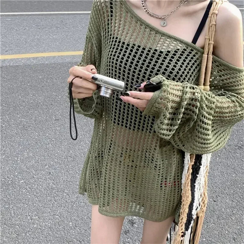 Y2K Hollow Out Crop Top Knitted Retro Long Sleeve T Shirt Women Summer Sun Protection Breathable Cardigans Patched Tee