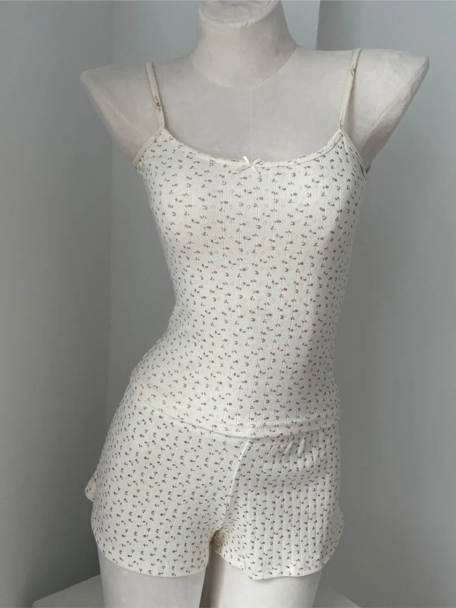 Sweet Floral Print Eyelet Bow Cropped Vests Women Cotton Casual Slim Lace Trim Tank Tops Vintage Preppy Style Cute Camisole Y2K