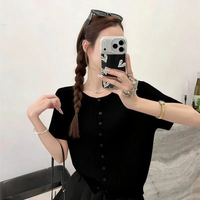 Knitwears Knitted Sweater Women Cardigans O-Neck White Knit Sweater Cardigan Women Tops New Summer Short Sleeve Sweaters Q3730