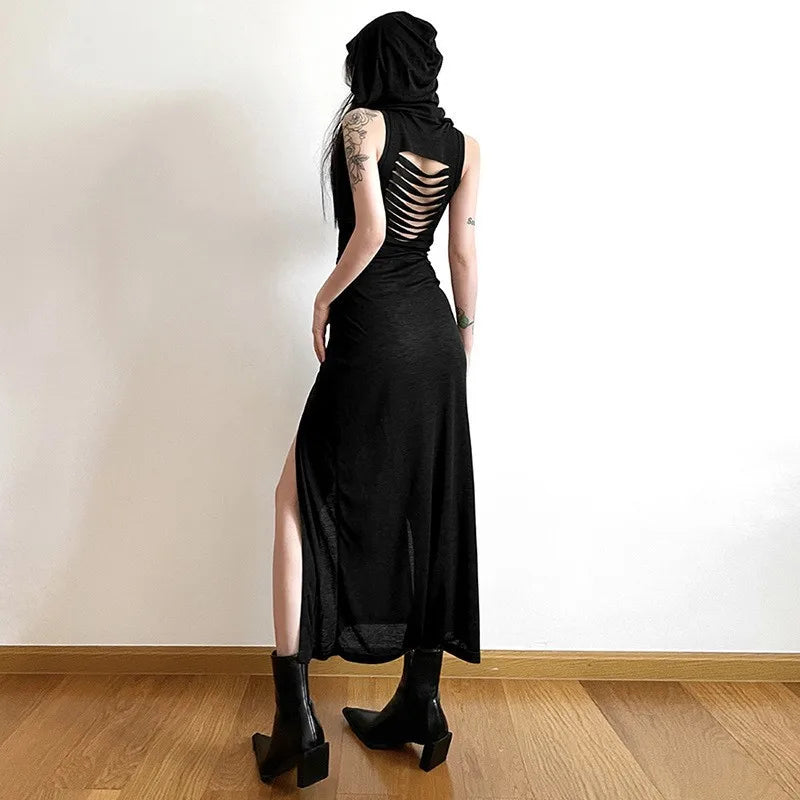 y2k Dress Women Clothes Solid Color Sleeveless Hollow Out Back Slit Hooded Dress 2000s Halloween Party Dresses