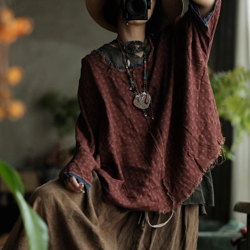 100% Cotton Women Casual T-shirt New 2025 Autumn Vintage Style O-neck Polka Dot Loose Female Batwing Sleeve Tops Tees M1926