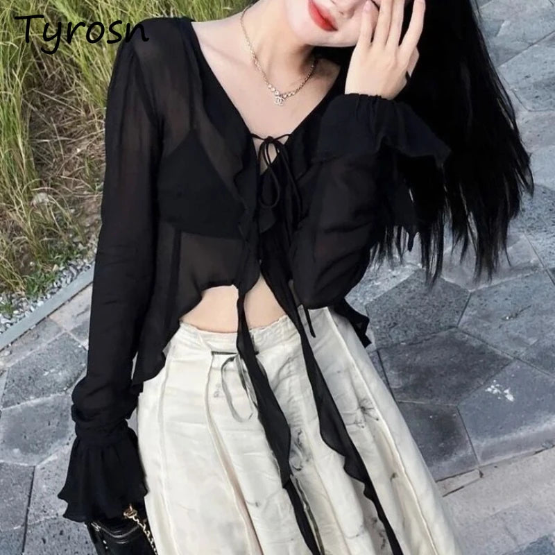 Flare Sleeve Blouses Women Chiffon Breathable Lace-up All-match Elegant V-neck Korean Style Y2k Ruffles Transparent Design Chic