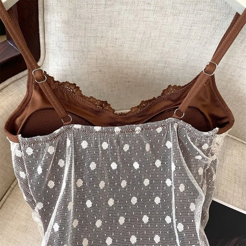 Lace Dots Fake Two Pieces Camisole Wrapped Chest Bra Slim Fit Sweet Girl's Tank Top Tank Top Elastic Bra with Pads Cami Summer