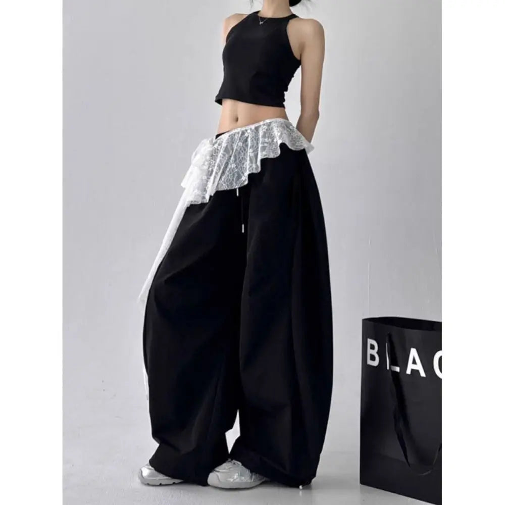 Embroidered Flower Lace Mini Skirt Irregular Y2K Streetwear Ruched Skirts See Through High Waist Lace Up Ruffles Skirt