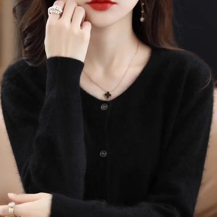 100% Pure Mink Cashmere sweater coat women's round-neck cardigan autumn and winter soft loose wool knitted foreign style top