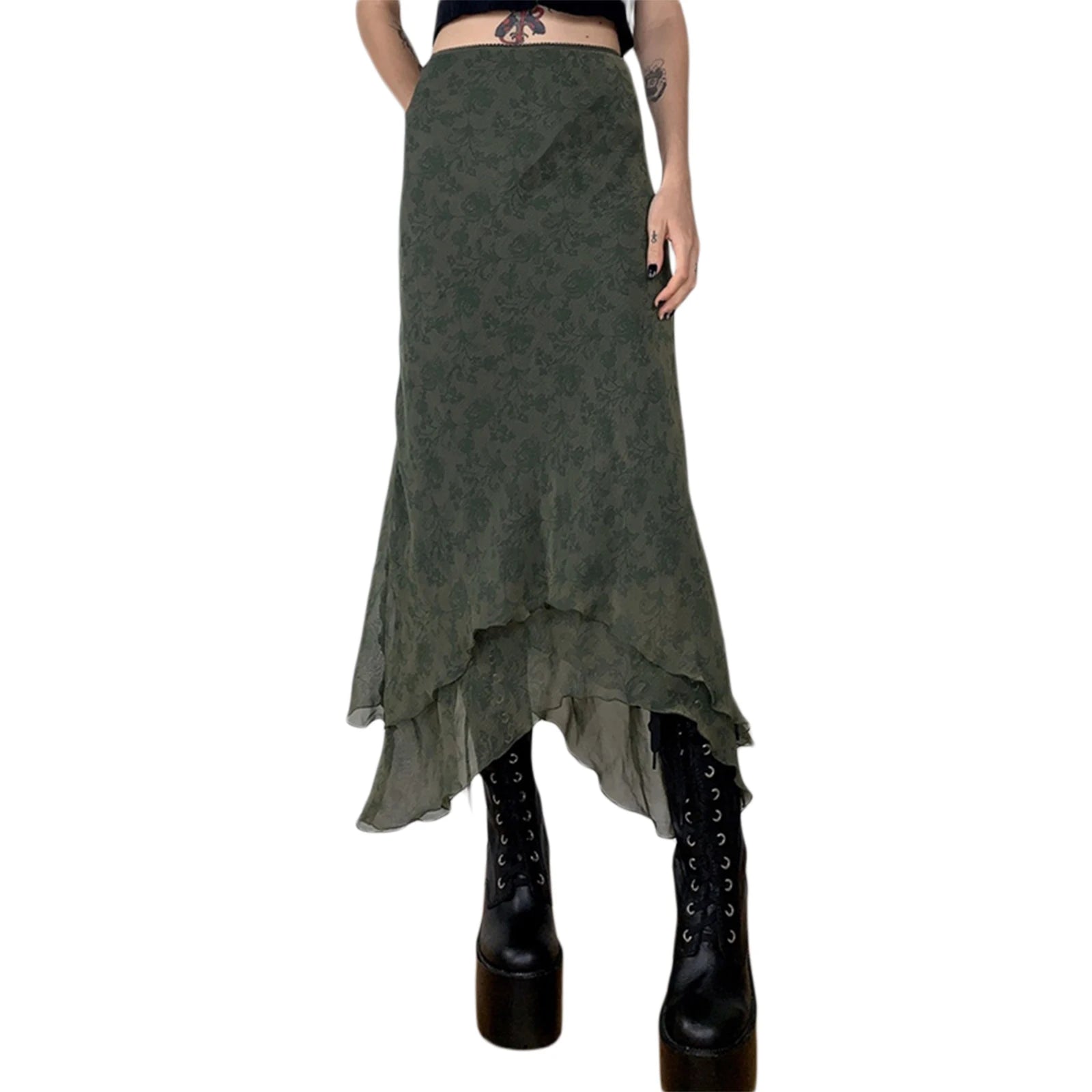 Women Floral Midi Skirts High Waist Mesh Wrapped Irregular Skirt Y2K Aesthetic Grunge Casual Sexy Streetwear