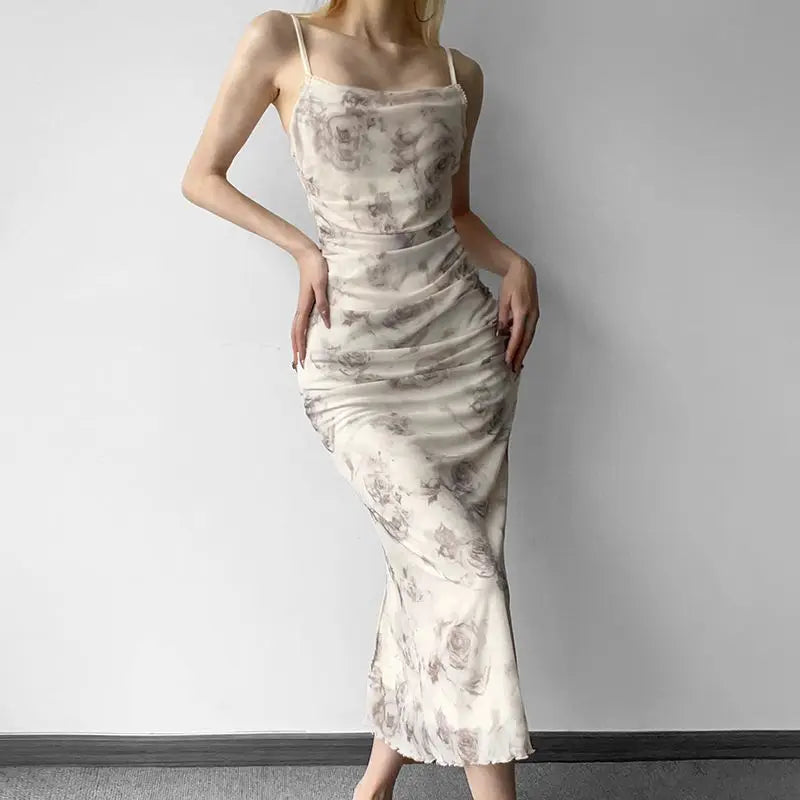Spaghetti Strap Dresses Women French Style Elegant Flower Printed Pleated Midi Hip Wrap Summer Slim Stylish Office Lady Fashion