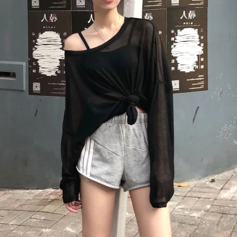 Korean Fashion Women Sheer Loose Tshirts Summer Casual Sun-proof Leisure Long Sleeve Clean Fit Ulzzang Style