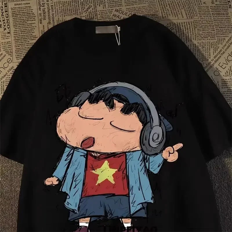Fun Crayon Shin Chan Retro Cartoon Short Sleeved T-shirt Summer Loose Street Couple Half Sleeve Top Suitable Both Men and Women
