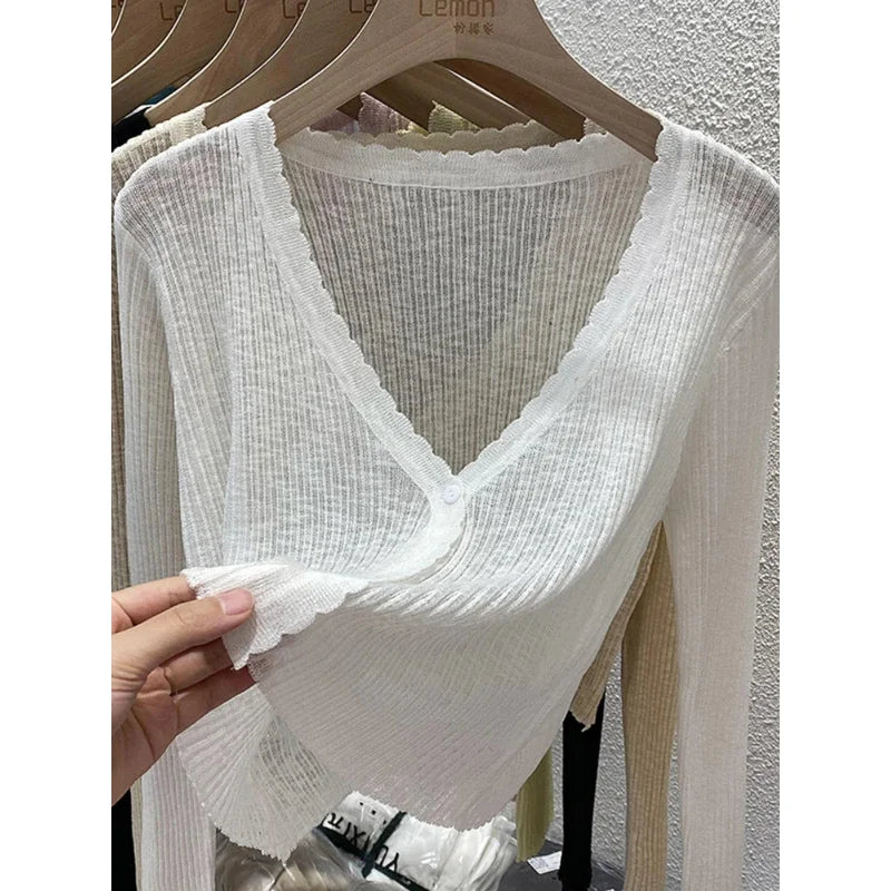 Short Ice Silk Knitted Sun Protection Cardigan Women's Thin Summer Autumn Suspender Skirt Layered Gauze Jacket