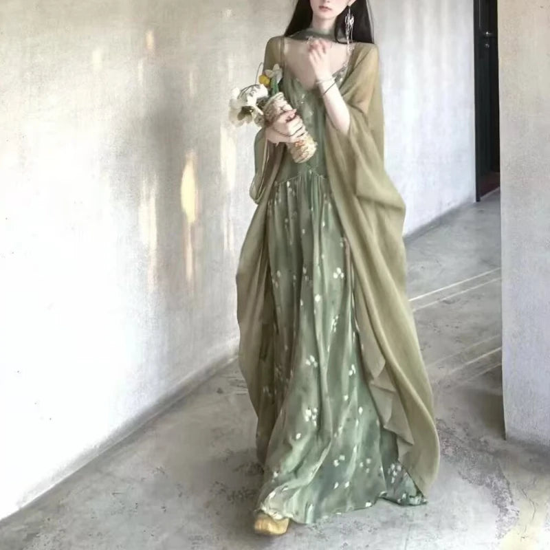 2025 New Vintage Elegant French Floral Print V-neck Strapless Midi Dress Retro Women's Sweet Summer Vacation Style Long Dresses