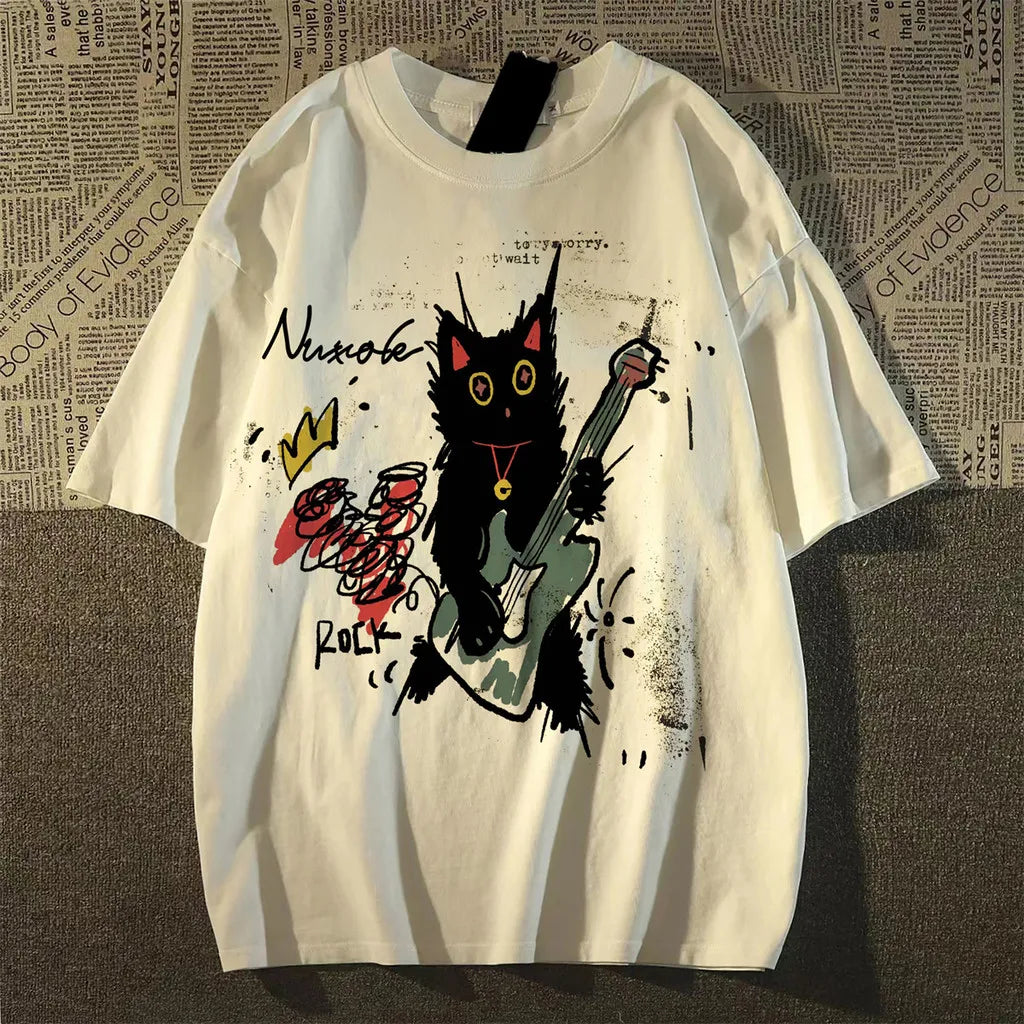 Women's Summer T-shirt Cute Black Cat Guitar Print Short Sleeve Crew Neck Casual Loose Tee Y2K Streetwear Tops