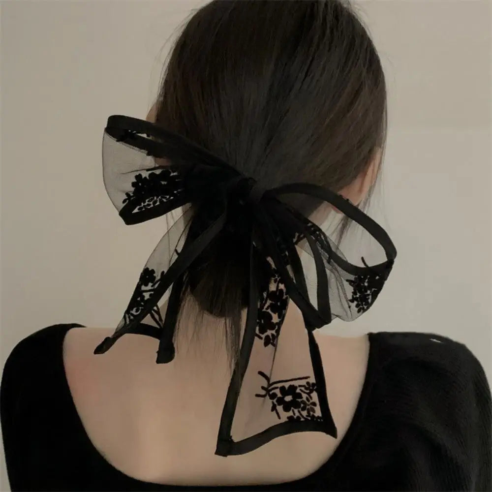 Y2k Sweet Flower Lace Neck Strap Dressing Decoration Korean Style Hair Band Neckerchief Transparent Long Ribbon Head Scarf