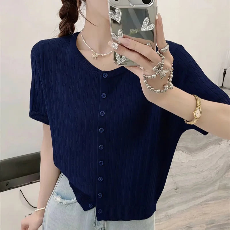 Knitwears Knitted Sweater Women Cardigans O-Neck White Knit Sweater Cardigan Women Tops New Summer Short Sleeve Sweaters Q3730