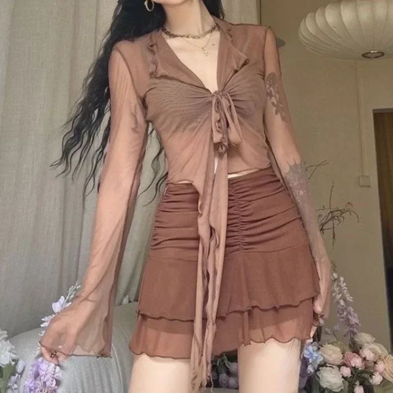 Long Flare Sleeve Sexy Sweet Hot Girls Korean Blouses for Women Lace-up Mesh Fashion Style All-match Solid Design Elegant Casual
