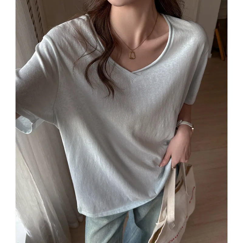 Daily Summer Curled V-neck T-Shirts Women Comfy Casual Korean Short Sleeve Breathable Office Soft Streetwear Street Basic Tops