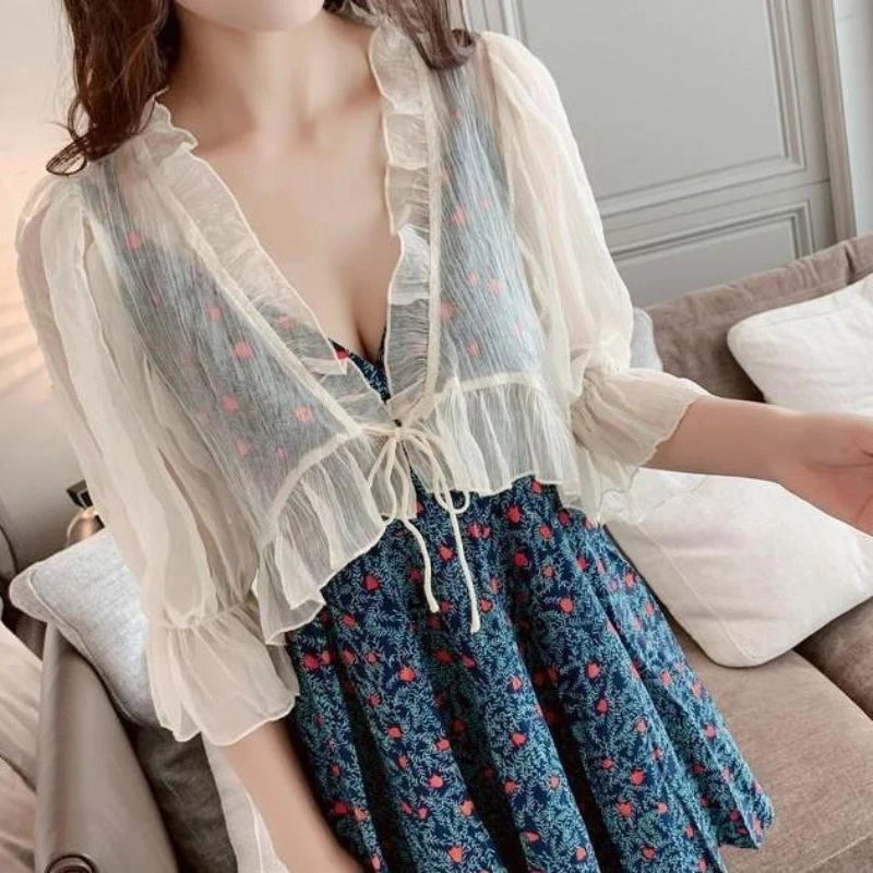 Flare Sleeve Blouses Women Chiffon Breathable Lace-up All-match Elegant V-neck Korean Style Y2k Ruffles Transparent Design Chic