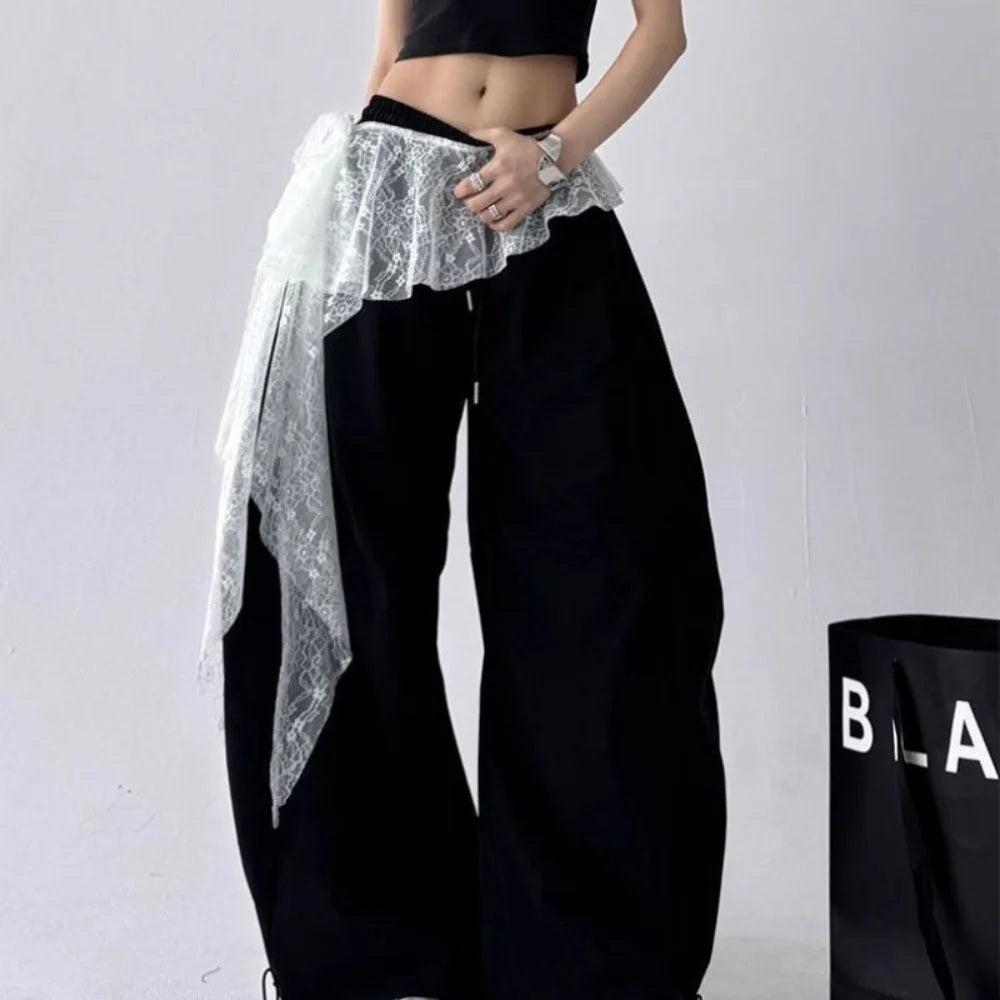 Embroidered Flower Lace Mini Skirt Irregular Y2K Streetwear Ruched Skirts See Through High Waist Lace Up Ruffles Skirt