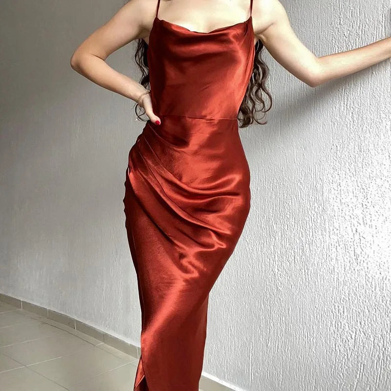 Women's Spring New Strap Women's Dress, European and American High end Sexy Spicy Girl, Low cut Satin Split Back