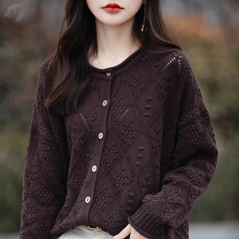2024 Fashion Models Women Knitwear 100% Cotton Cardigan O-Neck Long Sleeve Hollow Decoration Loose Fit Cardigan Clothing Tops