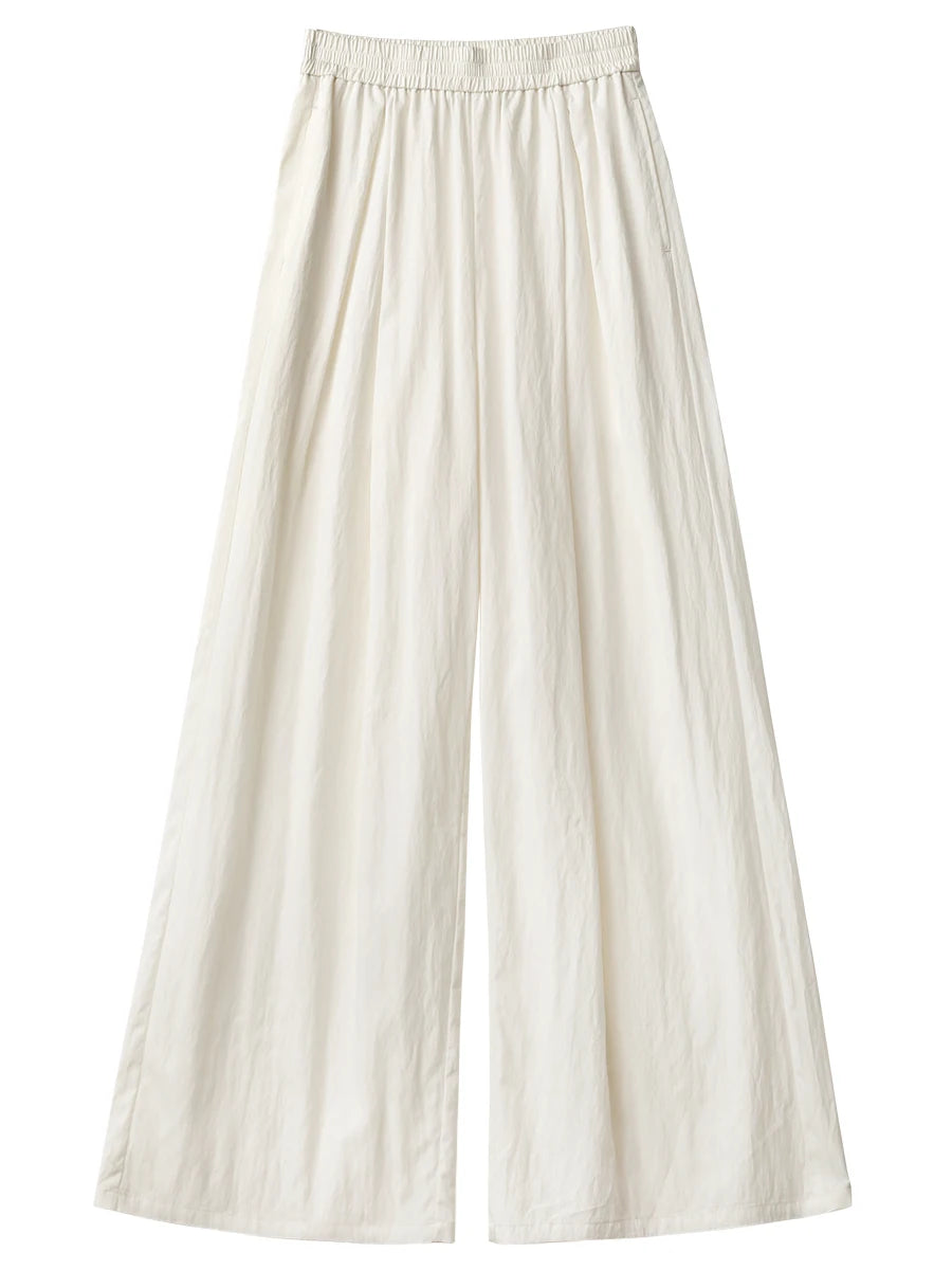 CHIC VEN Women Pants Solid Elastic Waist Loose High Waisted Casual Female Trouser Long  Wide Leg Pant Spring Summer 2025