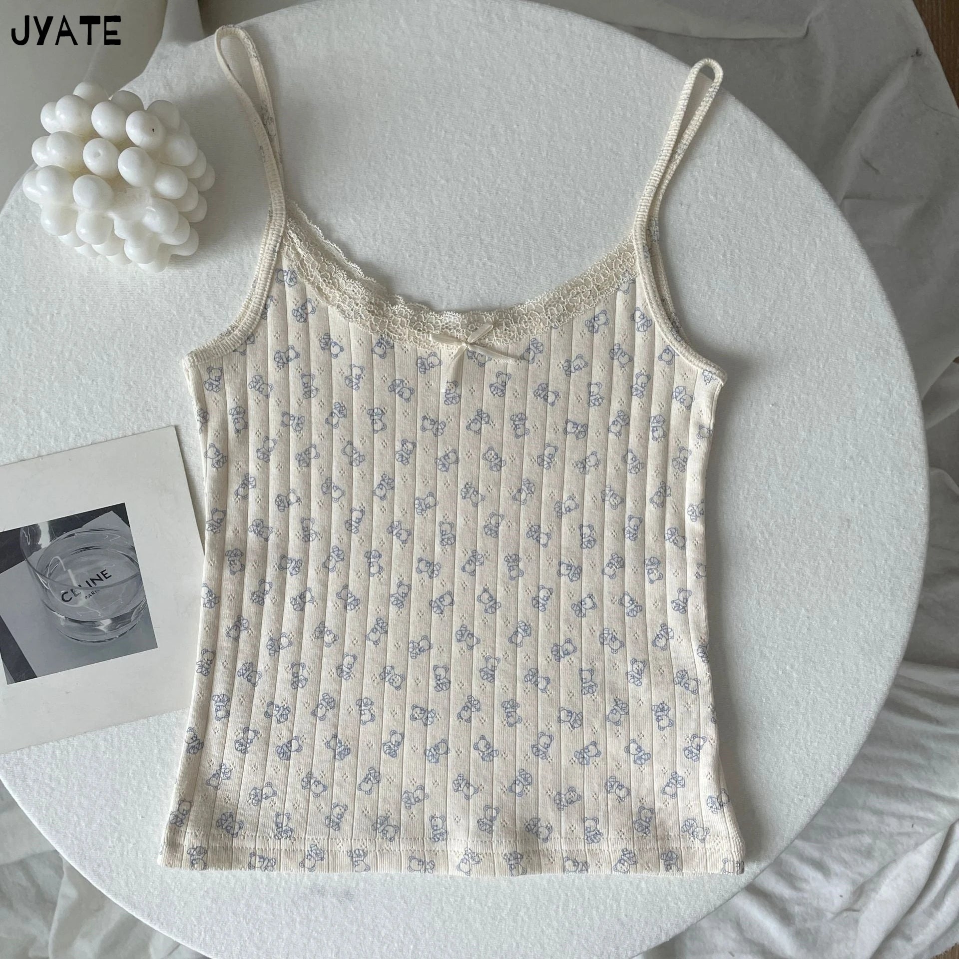Sweet Floral Print Eyelet Bow Cropped Vests Women Cotton Casual Slim Lace Trim Tank Tops Vintage Preppy Style Cute Camisole Y2K