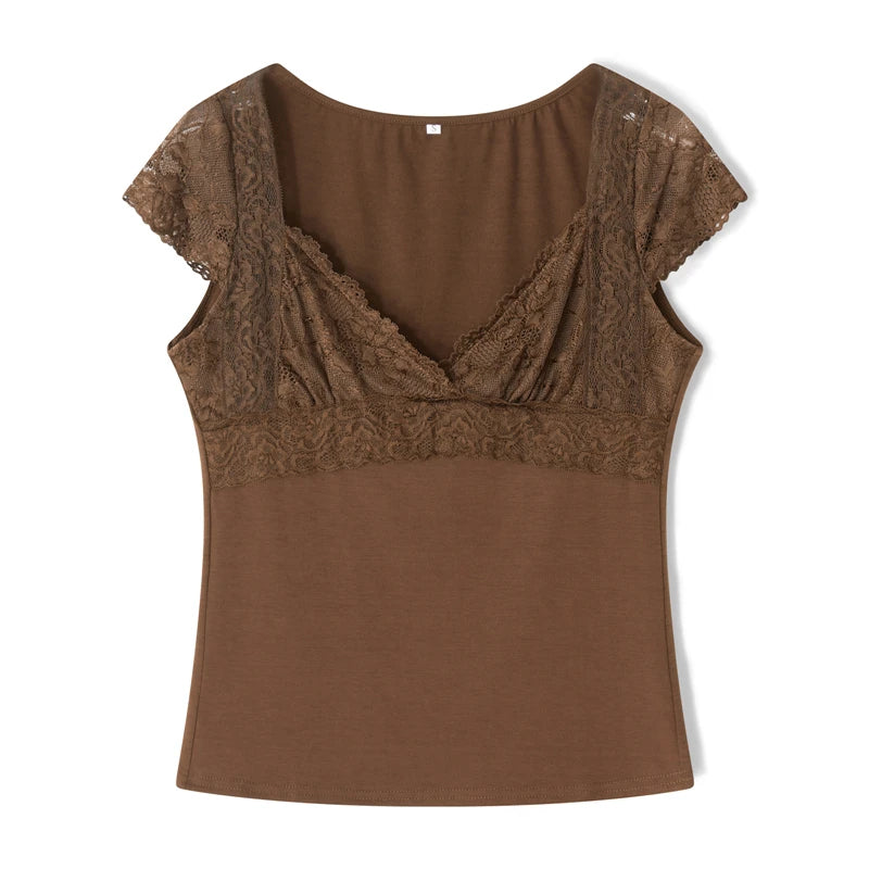 Xingqing Brown Lace Crop Tops Vintage Aesthetic Women V Neck Short Sleeve T Shirt y2k Fairy Grunge Clothes 2000s Streetwear