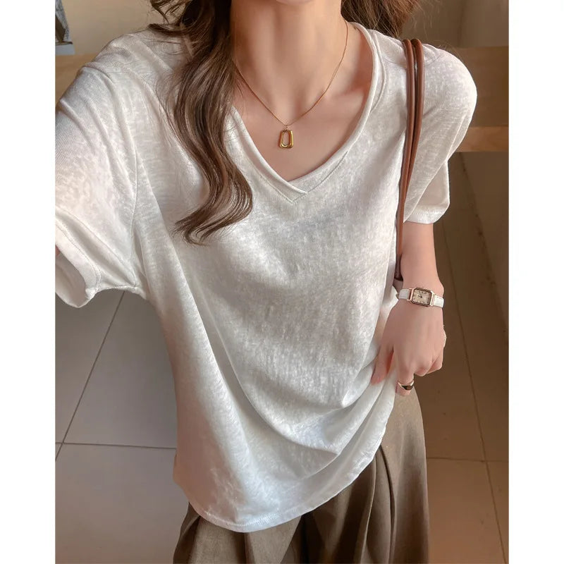 Daily Summer Curled V-neck T-Shirts Women Comfy Casual Korean Short Sleeve Breathable Office Soft Streetwear Street Basic Tops