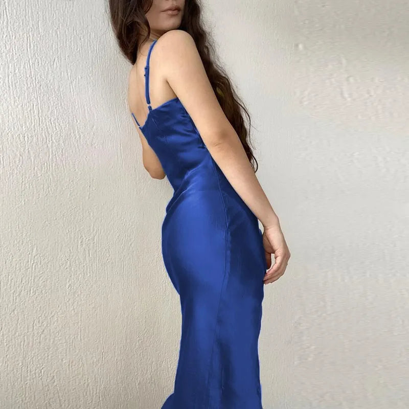 Women's Spring New Strap Women's Dress, European and American High end Sexy Spicy Girl, Low cut Satin Split Back