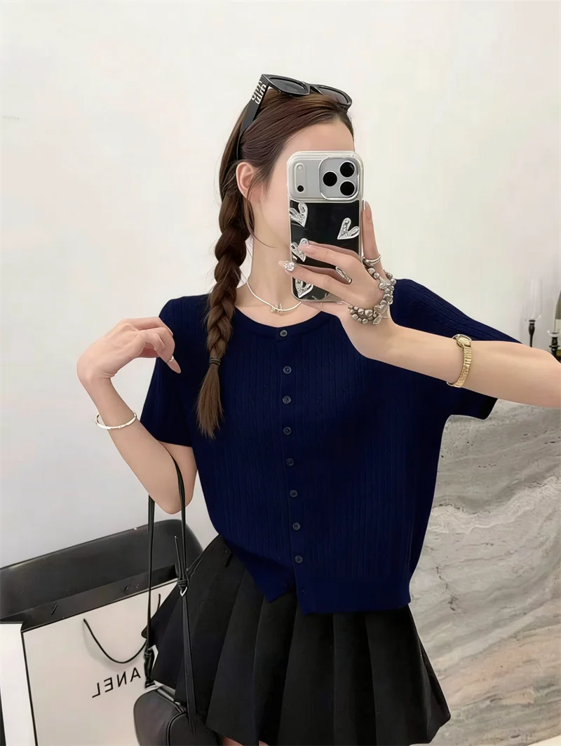 Knitwears Knitted Sweater Women Cardigans O-Neck White Knit Sweater Cardigan Women Tops New Summer Short Sleeve Sweaters Q3730