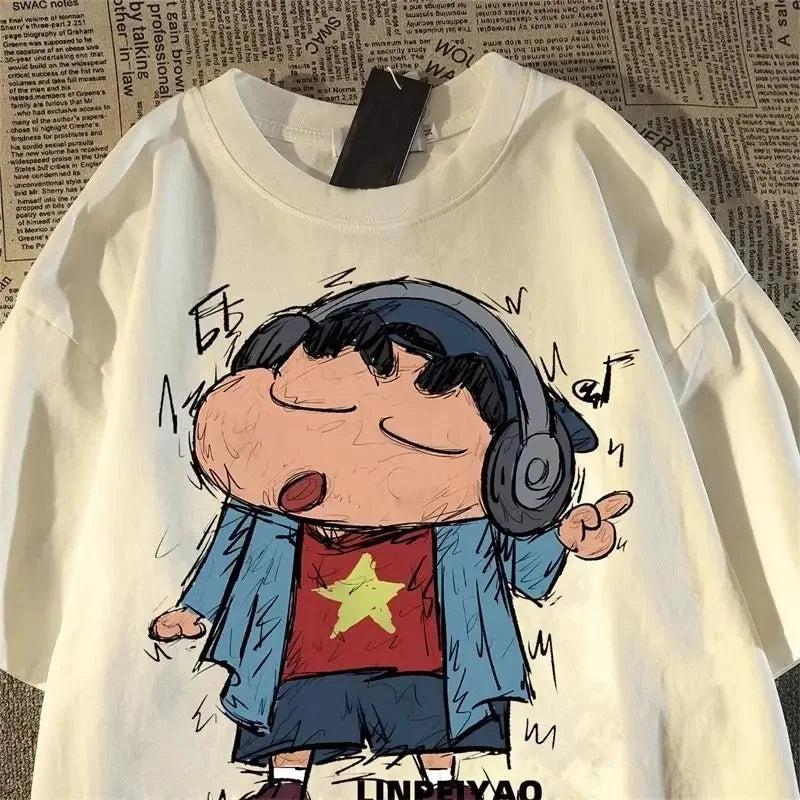 Fun Crayon Shin Chan Retro Cartoon Short Sleeved T-shirt Summer Loose Street Couple Half Sleeve Top Suitable Both Men and Women