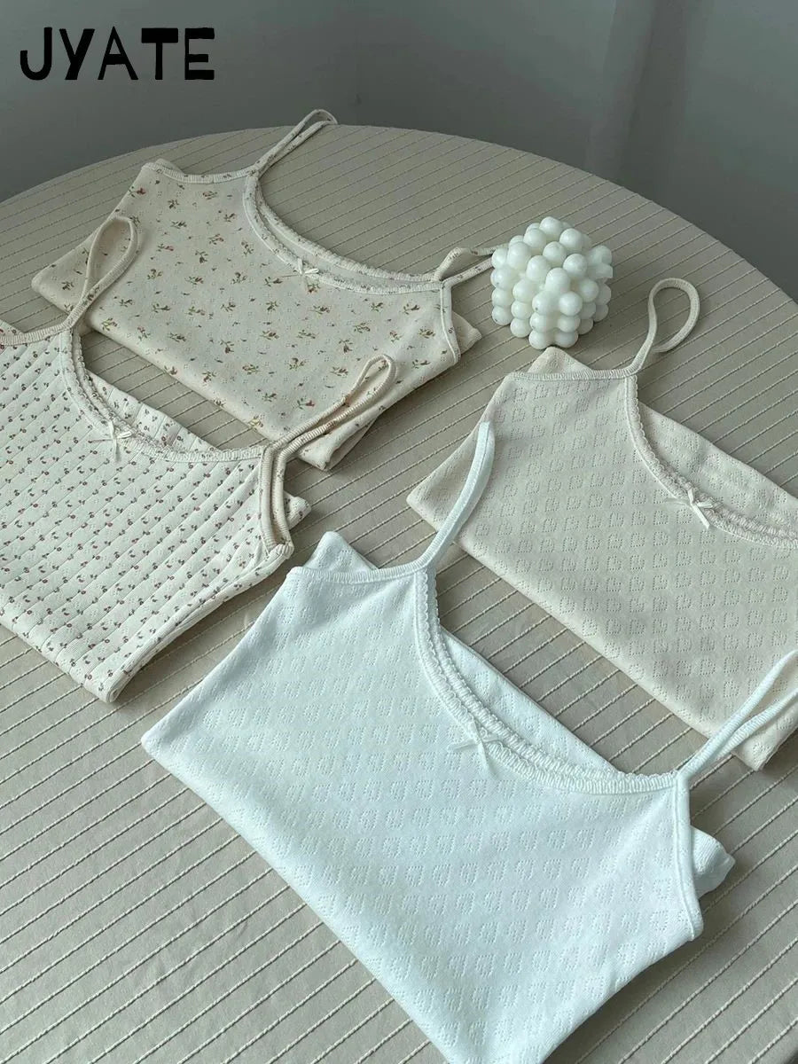 Sweet Floral Print Eyelet Bow Cropped Vests Women Cotton Casual Slim Lace Trim Tank Tops Vintage Preppy Style Cute Camisole Y2K