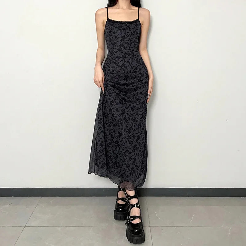 Vintage Grunge Printed Long Dress O Neck y2k Punk Black Sundress Lace Up Fairycore Gothic Aesthetic Outfits Korean Bohemian