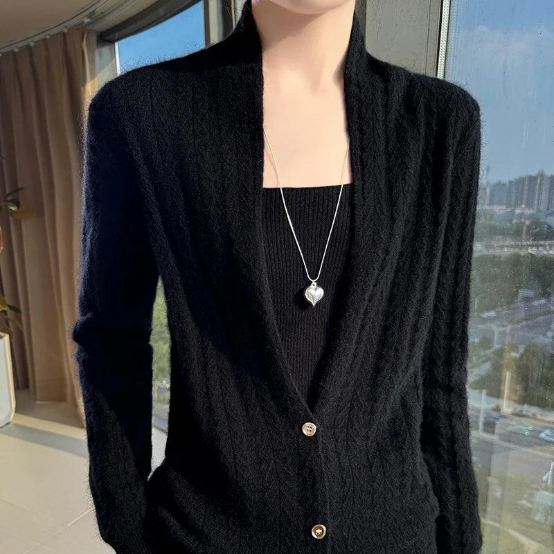 Scarf Collar Women Cardigan Tops Autumn Winter New Chic 100% Merino Wool Sweater Graceful Woman Wool Sweater Elegant Soft Blouse