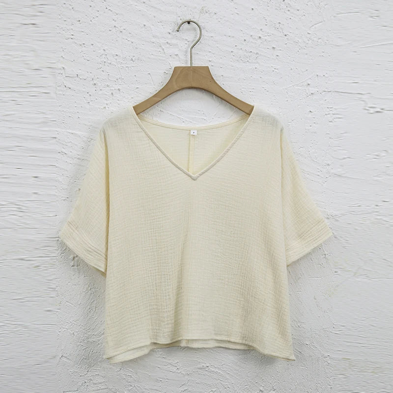 Muslin 100% Cotton Short Sleeve Tee Sexy V-Neck Oversized T-Shirt Streetwear Top Shirts And Blouse Lady Pulovers Camisetas